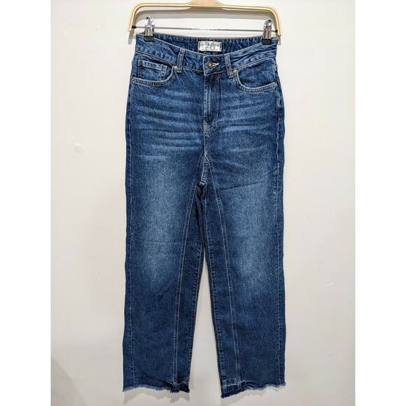We The Free People Sz 26 Relaxed Straight Slouch Blue Frayed Hem Pockets Stretch - Picture 2 of 9